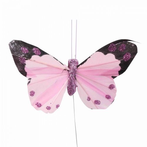 Artikel Deco sommerfugl på tråd fjer sommerfugle lilla/pink 9,5cm 12stk