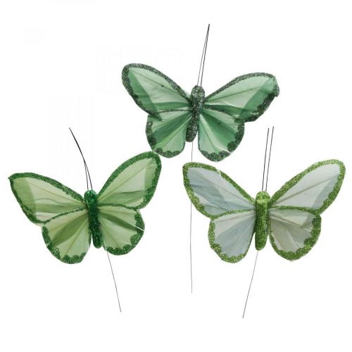 Artikel Dekorative sommerfugle grønne fjer sommerfugle på tråd 10cm 12stk