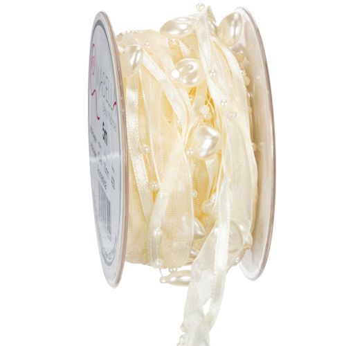 Floristik24 Dekorativt bånd, cremefarvet, hjerter, perler, bryllupsdekoration, 10 mm, 5 m