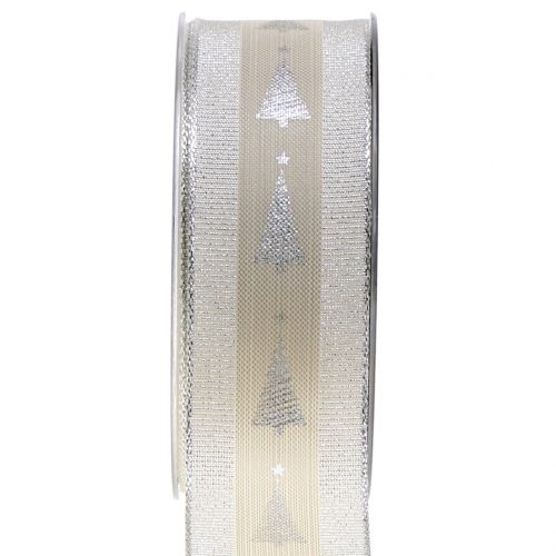 Floristik24 Dekorativt båndgrå, sølv med gran 40mm 15m