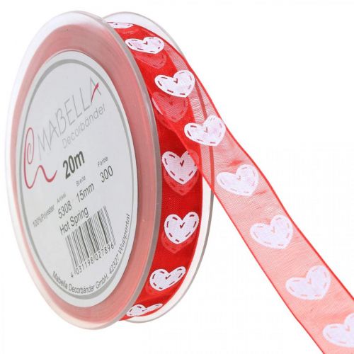 Floristik24 Dekorativt bånd hjerter, bryllup dekoration, bånd Valentinsdag rød, hvid 15mm 20m