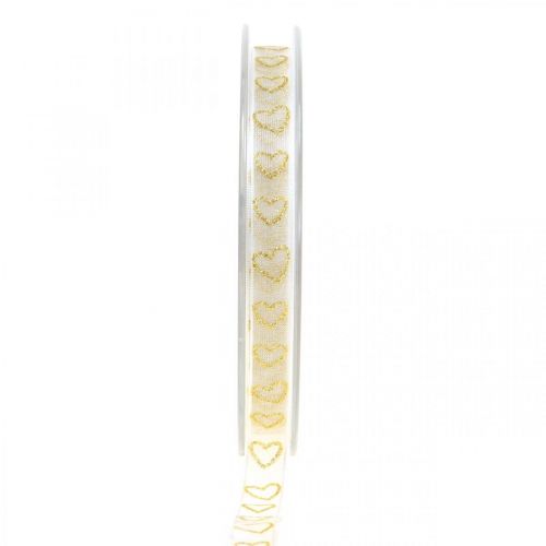 Dekorationsbånd hvidt gavebånd hjerte guldglimmer 10mm 20m