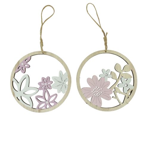 Artikel Dekorativ bøjle træblomster naturhvid lilla glitter Ø12cm 6 stk