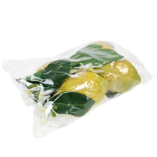Floristik24 Dekorativ frugt, citroner med blade gule 9,5cm 4stk