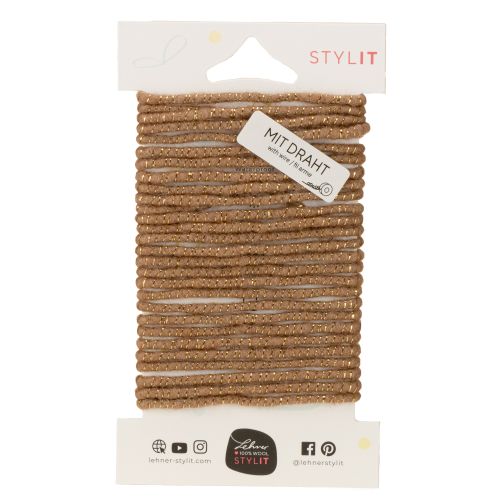 Artikel Brun uldsnor med guldtråd, 5m x 5mm med ståltråd, til dekoration og hobbyarbejde