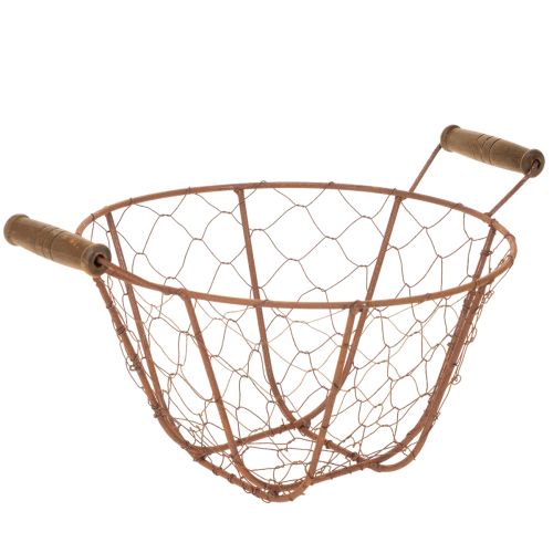 Vintage rund trådkurv med træhåndtag, metalkurv, rustfinish, Ø22 cm