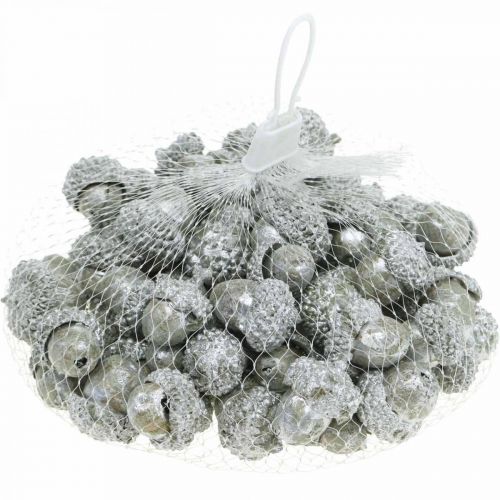 Artikel Dekorative agern sølv, adventsdekoration, naturlige efterårsfrugter, landsted Ø1,5 - 2,5 cm L1,5 - 3 cm 300g