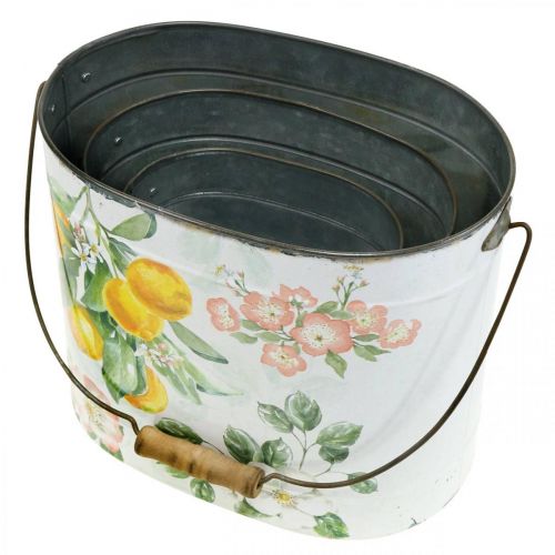 Artikel Metalkrukke grøn-gul, sommerdekoration, spand med hank, middelhavs citron motiv L28/22,5/cm H23/18/15cm