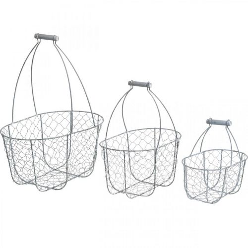 Artikel Trådkurv med håndtag, kurve nostalgisk, metalkurv shabby chic, antikt look sølv, hvid L35/30/25cm H46,5/35/25cm sæt med 3 stk.