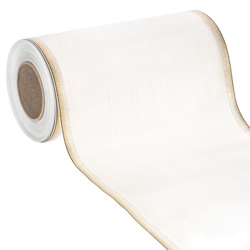 Elegant moiré kransbånd, 200 mm hvid med guldperlekant og speciel finish, 25 m - Perfekt til dekorationer og fester købe | Floristik24.dk