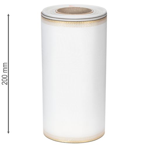 Elegant moiré kransbånd, 200 mm hvid med guldperlekant og speciel finish, 25 m - Perfekt til dekorationer og fester | Floristik24.dk