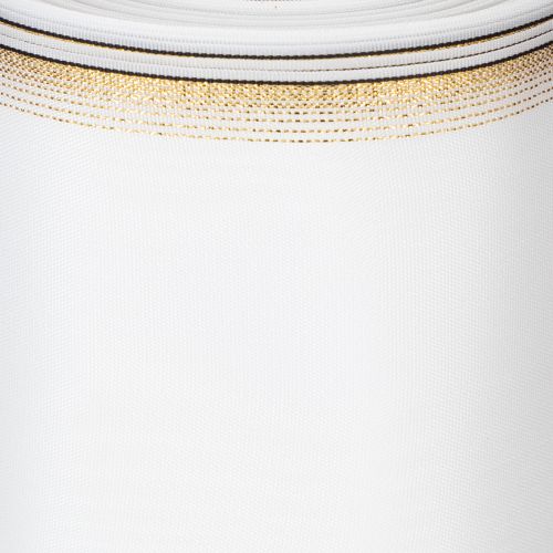 Elegant moiré kransbånd, 200 mm hvid med guldperlekant og speciel finish, 25 m - Perfekt til dekorationer og fester | Floristik24.dk