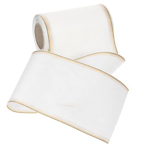 Elegant moiré kransbånd med guldkant, bryllupsdekoration, sørgebånd, hvidt 150 mm x 25 m | Floristik24.dk