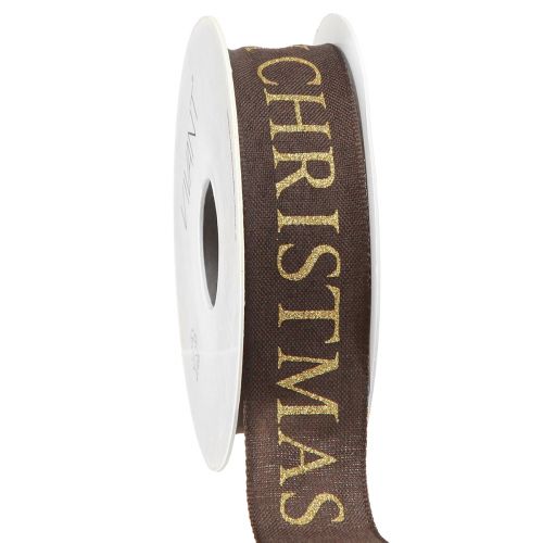Artikel Elegant julebånd i mørkebrun med gylden &#39;Merry Christmas&#39; skrift, bredde 25mm, længde 15m