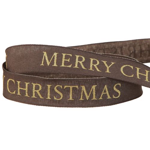 Artikel Elegant julebånd i mørkebrun med gylden &#39;Merry Christmas&#39; skrift, bredde 25mm, længde 15m