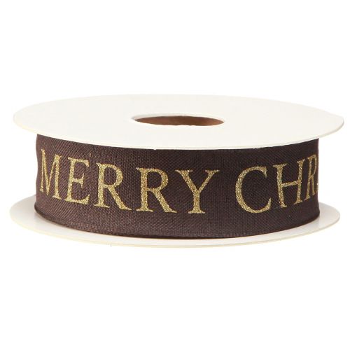 Artikel Elegant julebånd i mørkebrun med gylden &#39;Merry Christmas&#39; skrift, bredde 25mm, længde 15m