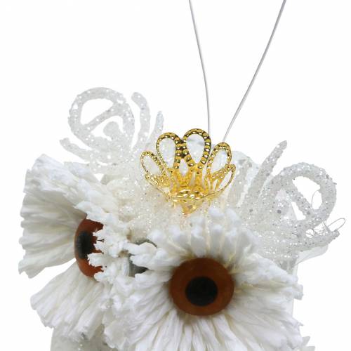 Artikel Dekorativ ugle med krone til at hænge hvid, glitter 6,5 × 8 cm 6stk.