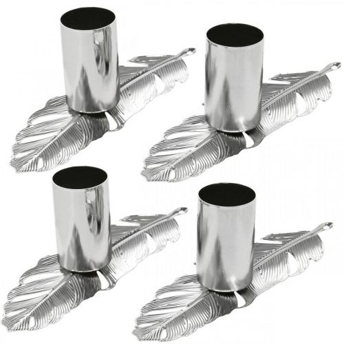 Floristik24 Fjer med lysestage, metalfjedre, lysestage sølv Ø2,2cm L13cm 4stk