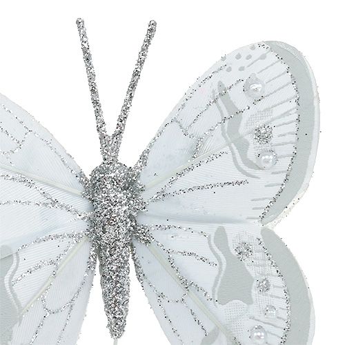 Artikel Fjer sommerfugl sølv med glimmer 7cm 4stk
