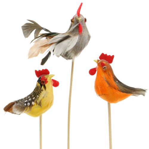 Floristik24 Hane med ægte fjer på pinden orange, gul, brun assorteret H5-6cm 12 stk.