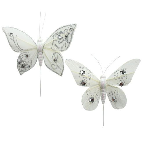 Floristik24 Fjer sommerfugl med rhinestones, glitter hvid 10,5 cm 4stk
