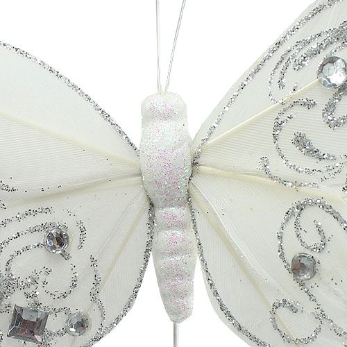 Floristik24 Fjer sommerfugl med rhinestones, glitter hvid 10,5 cm 4stk
