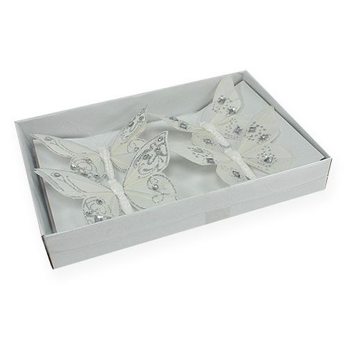 Floristik24 Fjer sommerfugl med rhinestones, glitter hvid 10,5 cm 4stk
