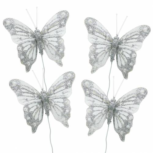 Floristik24 Fjer sommerfugl hvid med glimmer 7,5cm 4stk