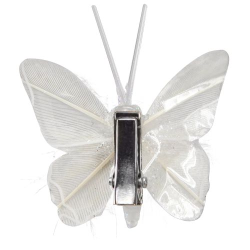Artikel Fjer sommerfugle på klip hvid glitter 5x4,5cm 4 stk