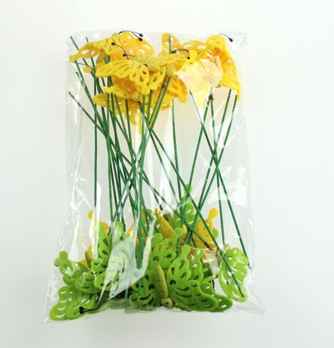 Floristik24 Filt sommerfugl på pinden 7 cm grøn / gul 24stk