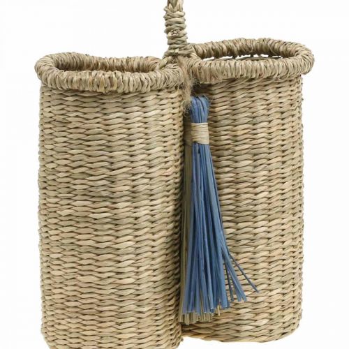 Floristik24 Flaskeholder af søgræs, flettet flaskekurv, balkondekoration, dekorativ kurv til ophængning af naturen, blå H20cm B22cm