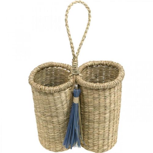 Floristik24 Flaskeholder af søgræs, flettet flaskekurv, balkondekoration, dekorativ kurv til ophængning af naturen, blå H20cm B22cm