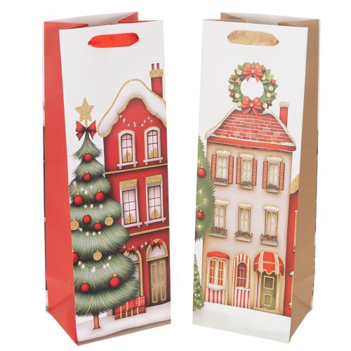 Gavepose flaske julehus og juletræ 36cm 2 stk