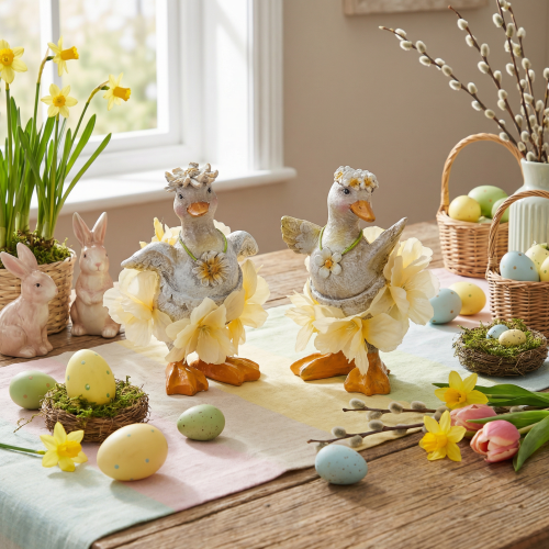 Artikel Dekorativ andefigur i blomstret kjole, forår, detaljeret sommerdekorationstilbehør, 11 cm, 2 stk.