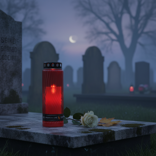 Artikel Gravlys låg motiv blomst rød sort 10 dage H27cm