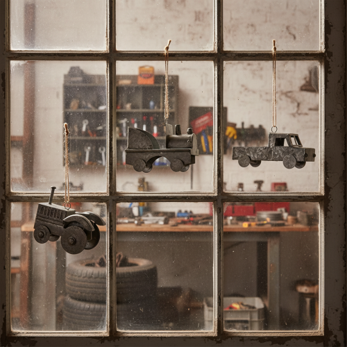 Artikel Dekorative vintage metalbiler til ophæng, assorterede størrelser, 9-10 cm, 4 stk.