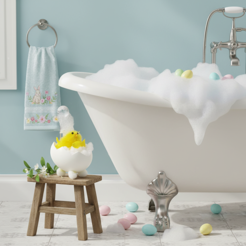 Artikel Påskekyllingepynt, chenillekylling i badekarret, gul, 9 cm