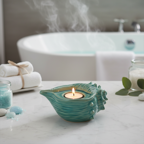 Artikel Fyrfadsstage muslingeskal dekorativt bordlys badeværelse stue 16cm