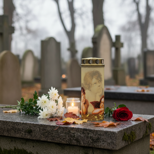 Artikel Gravlys engle gravlys med sørgelys motiv Ø6cm H15,5cm