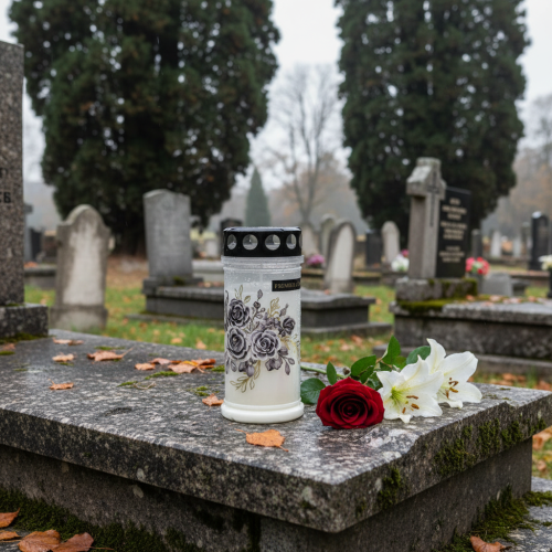 Artikel Hvide gravlys med blomstermotiver, Ø7,5 cm H16,5 cm, 6 stk.