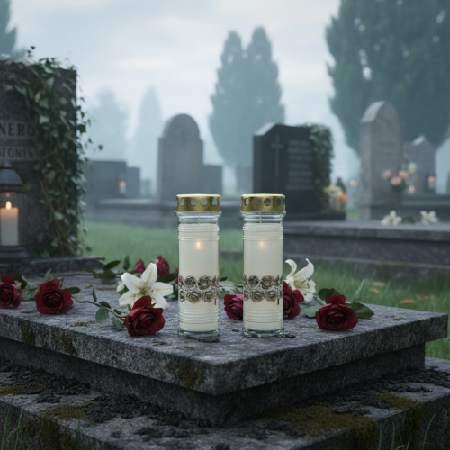 Artikel Gravlys hvide roser sørgelys Ø7cm H23,5cm 100h 2stk