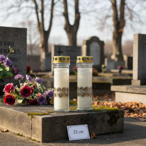 Artikel Gravlys hvide roser sørgelys Ø7cm H23,5cm 100h 2stk