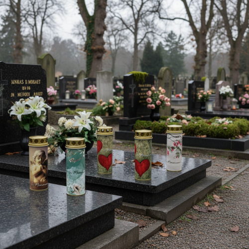 Artikel Gravlys med motiv, begravelsesdekoration, Ø6 cm H17 cm, 6 stk.