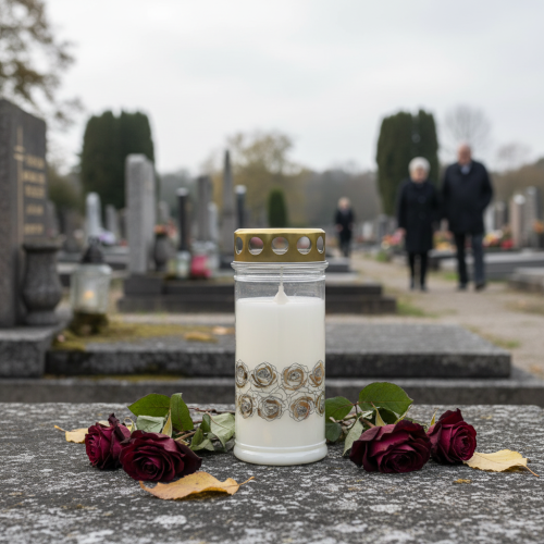 Artikel Gravlys hvide roser guld sørgelys Ø7cm H18cm 77h