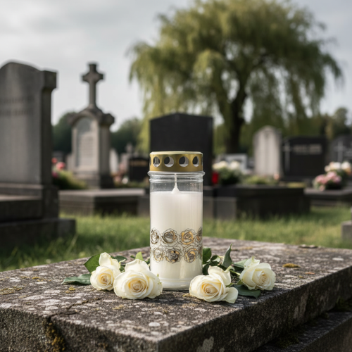 Artikel Gravlys hvide roser guld sørgelys Ø7cm H18cm 77h