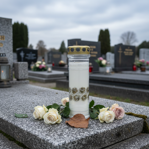 Artikel Gravlys hvide roser guld sørgelys Ø7cm 23,5cm 100h 2stk