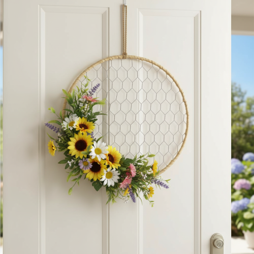 Artikel Dekorativ metalring Ø38 cm, hængende dekoration, raffia, sølv, naturlig, boho vægdekoration, alsidig dekoration, 4 stk.