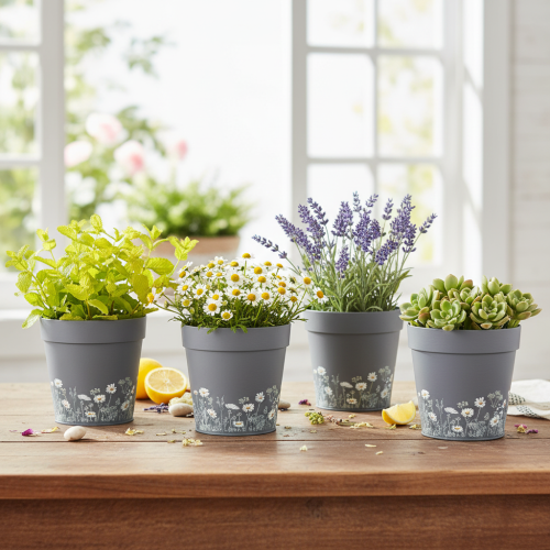 Artikel Urtepotte med blomstermønster til moderne hjem og sommerdekoration på balkonen, 13 cm, 4 stk.