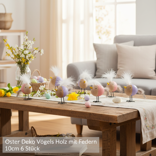 Artikel Dekorativ træfugl med fjer og farverig krop til borddekoration, 10 cm, 6 stk.