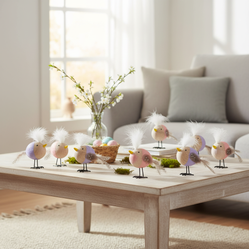 Artikel Dekorativ træfugl med fjer og farverig krop til borddekoration, 10 cm, 6 stk.